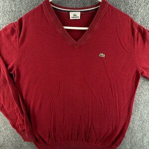 Lacoste Sweater Men Red V Neck Croc Logo Large Pullover Cotton Preppy Tennis
